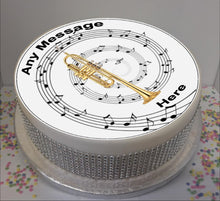 Load image into Gallery viewer, Personalised Trumpet &amp; Music Notes 8&quot; Icing Sheet Cake Topper