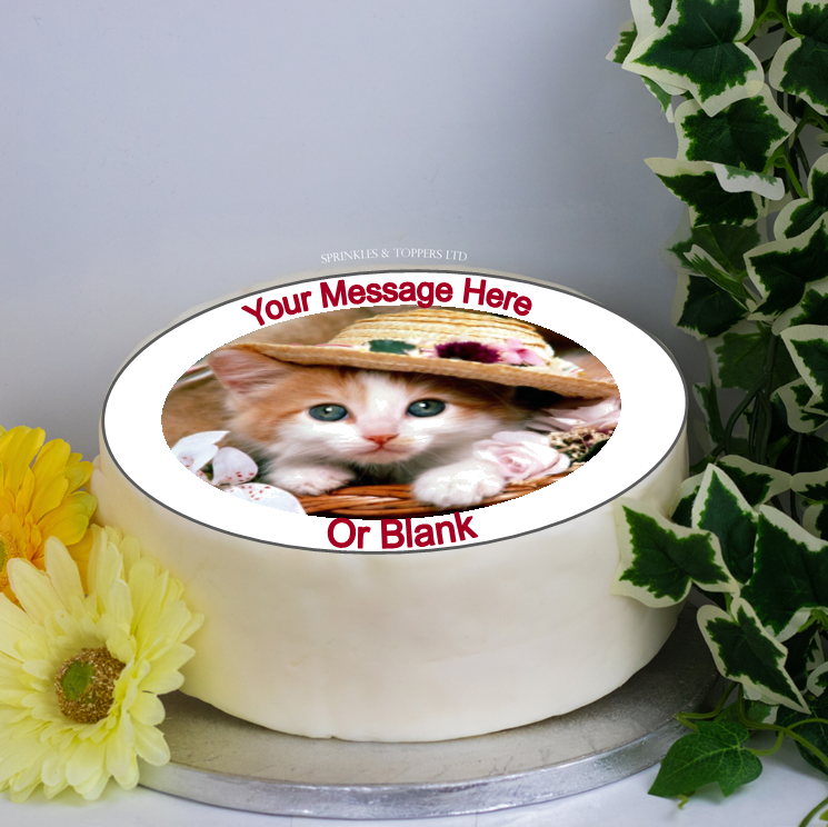 Personalised Cute Kitten in Hat Scene 8" Cake Topper