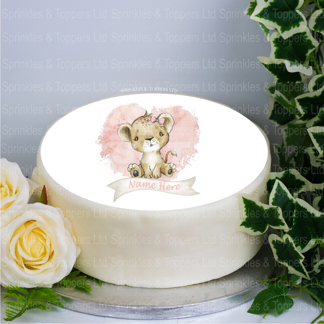 Personalised Baby Lion & Pink Heart  8" Cake Topper