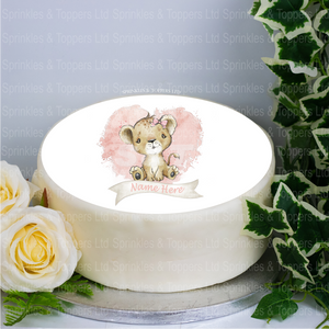 Personalised Baby Lion & Pink Heart  8" Icing Sheet Cake Topper