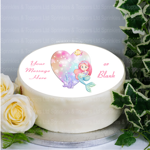 Cute Mermaid & Heart  8" Icing Sheet Cake Topper