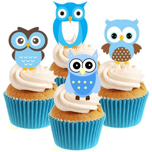 Blue Owls Stand Up Cake Toppers (12 pack)  Pack contains 12 images - 3 of each image - printed onto premium wafer card