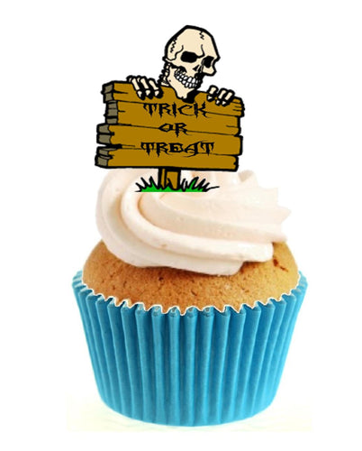 Trick or Treat Skull Sign Stand Up Cake Toppers (12 pack)