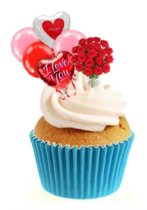 Valentines Balloons & Flowers Stand Up Cake Toppers (12 pack)