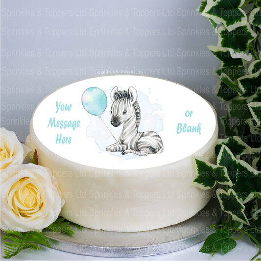 Personalised Baby Zebra & Blue Balloon  8" Cake Topper