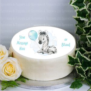 Personalised Baby Zebra & Blue Balloon  8" Icing Sheet Cake Topper