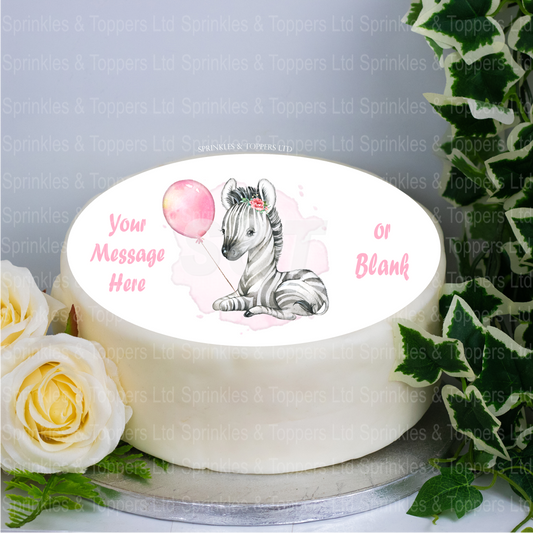 Personalised Baby Zebra & Pink Balloon  8" Cake Topper