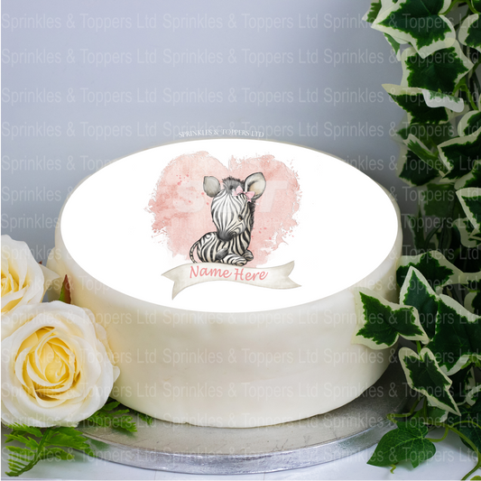 Personalised Baby Zebra & Pink Heart  8" Cake Topper