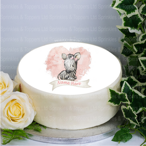 Personalised Baby Zebra & Pink Heart  8" Icing Sheet Cake Topper